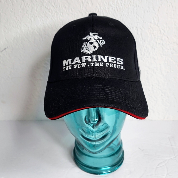Marines Black White Cap, 6 Panel Construction, The Few, The Proud Logo Hat - Picture 2 of 6